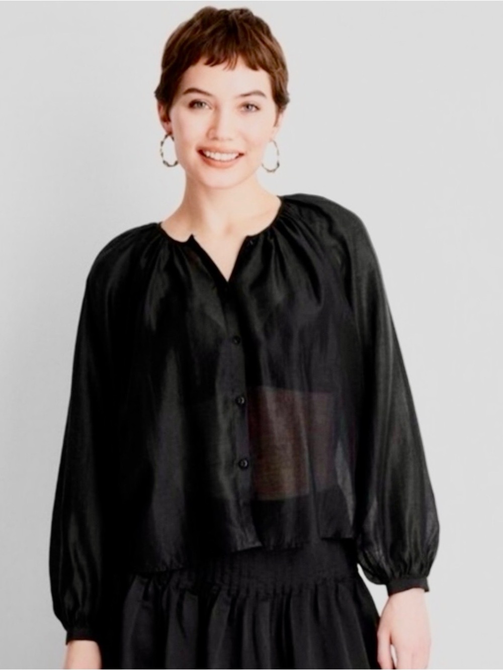 Black Sheer Button-Front Peasant Blouse - Women Tops